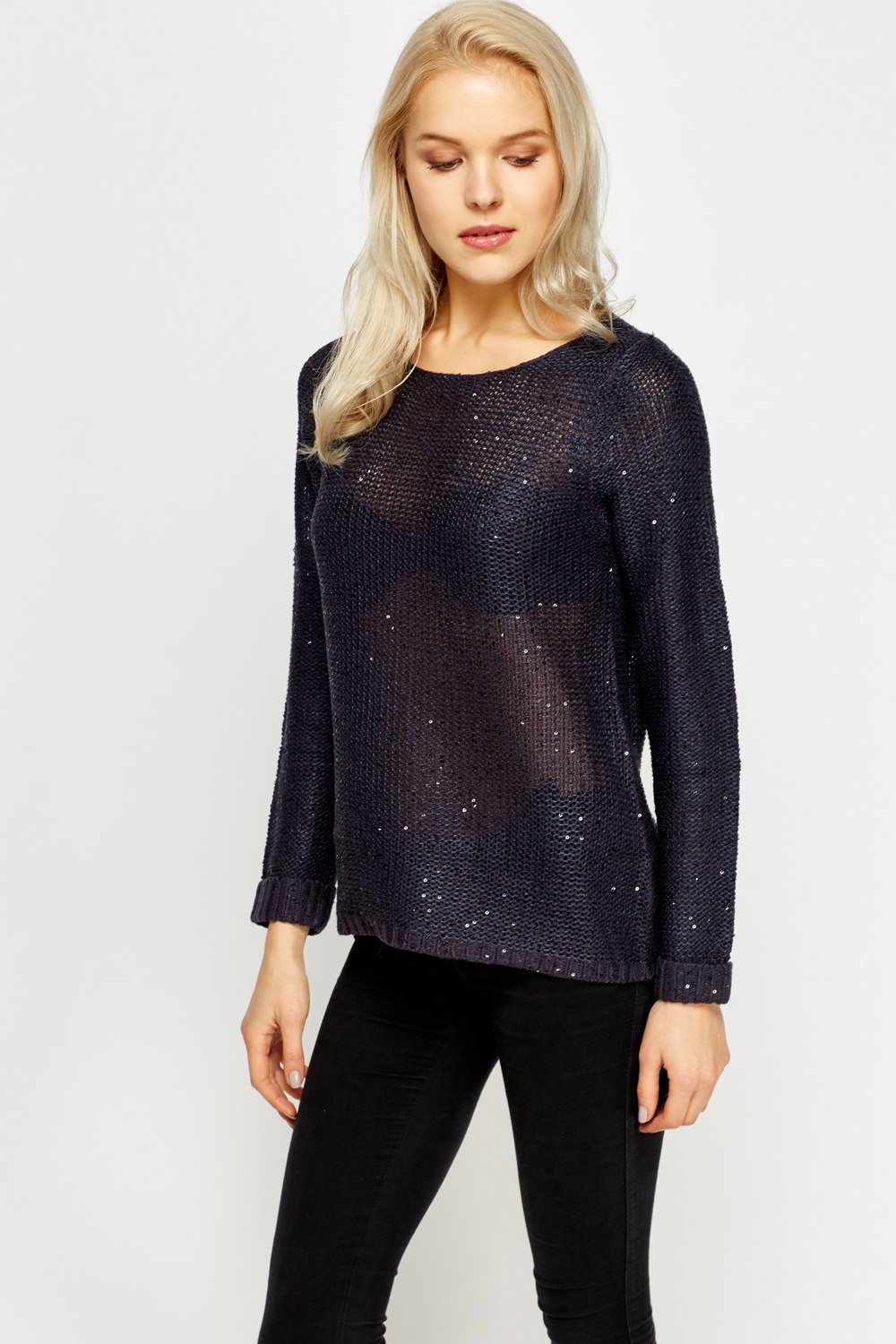 Navy Knitted Sequin Jumper - Just $7