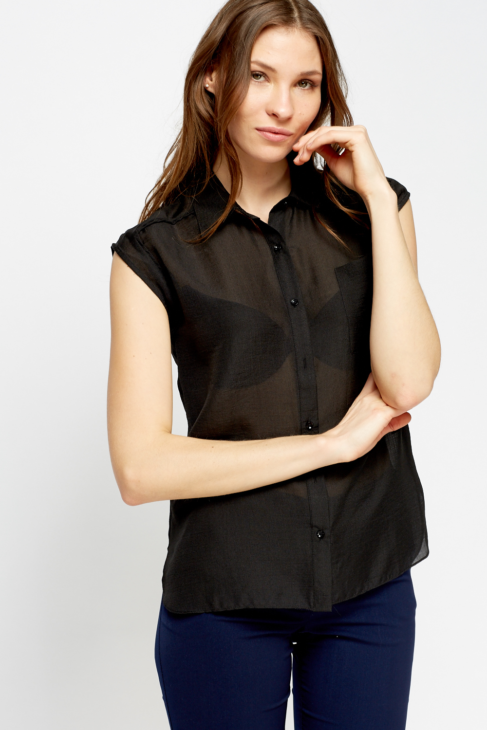 black and white sheer button front blouse