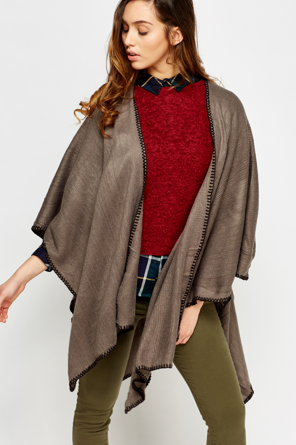 Embroidered Hem Wrap Poncho - Just $7