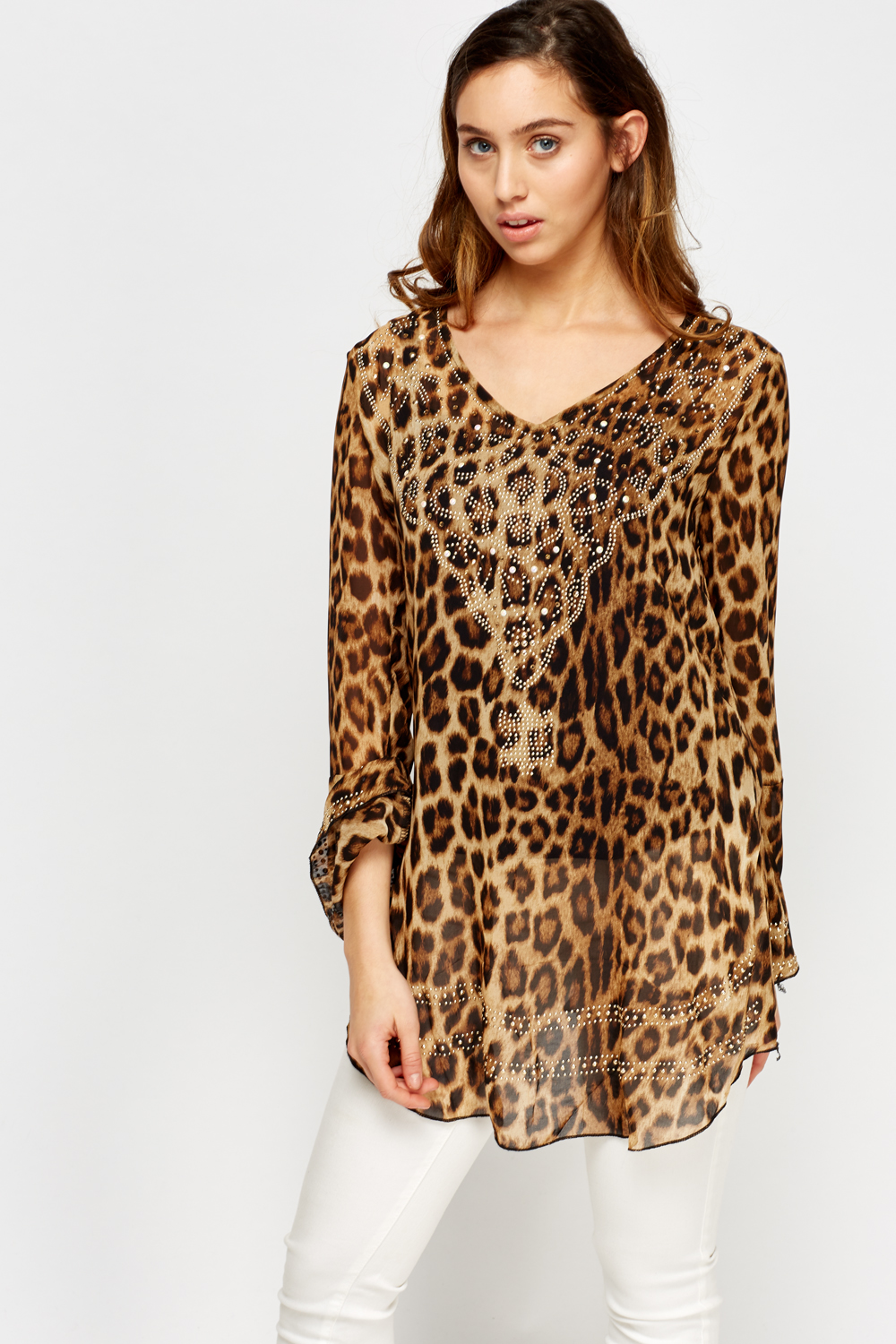 Leopard Print Embellished Sheer Top - Just $7