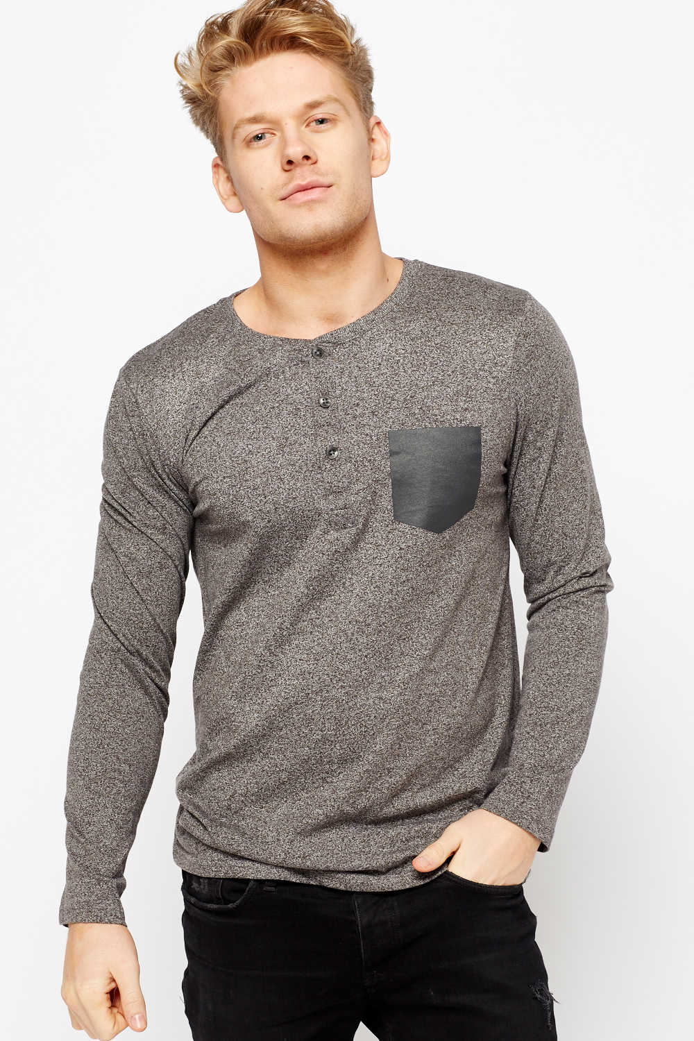 Button Neck Speckled T-Shirt - Just $7
