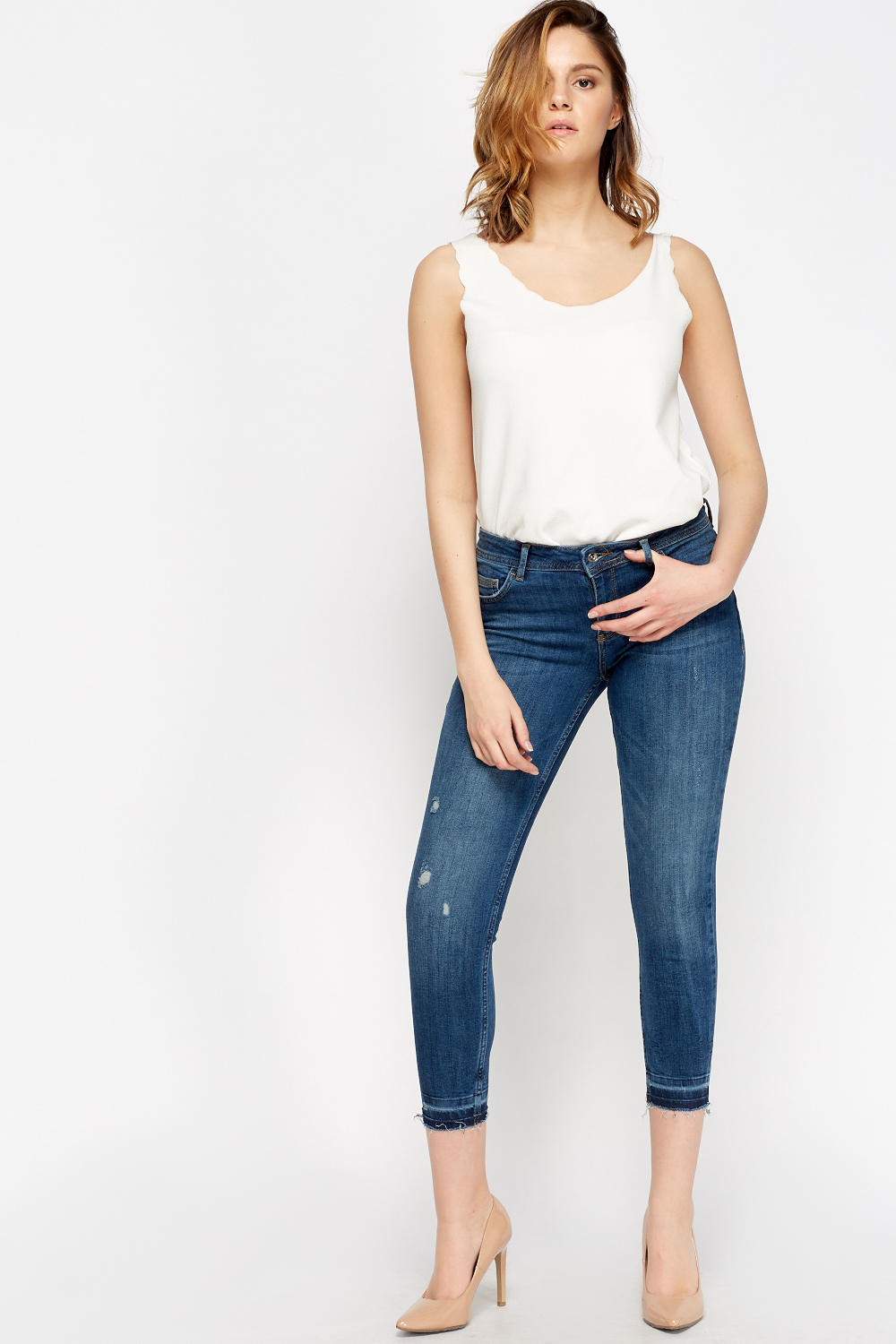 Cropped Denim Frayed Jeans - Just $1