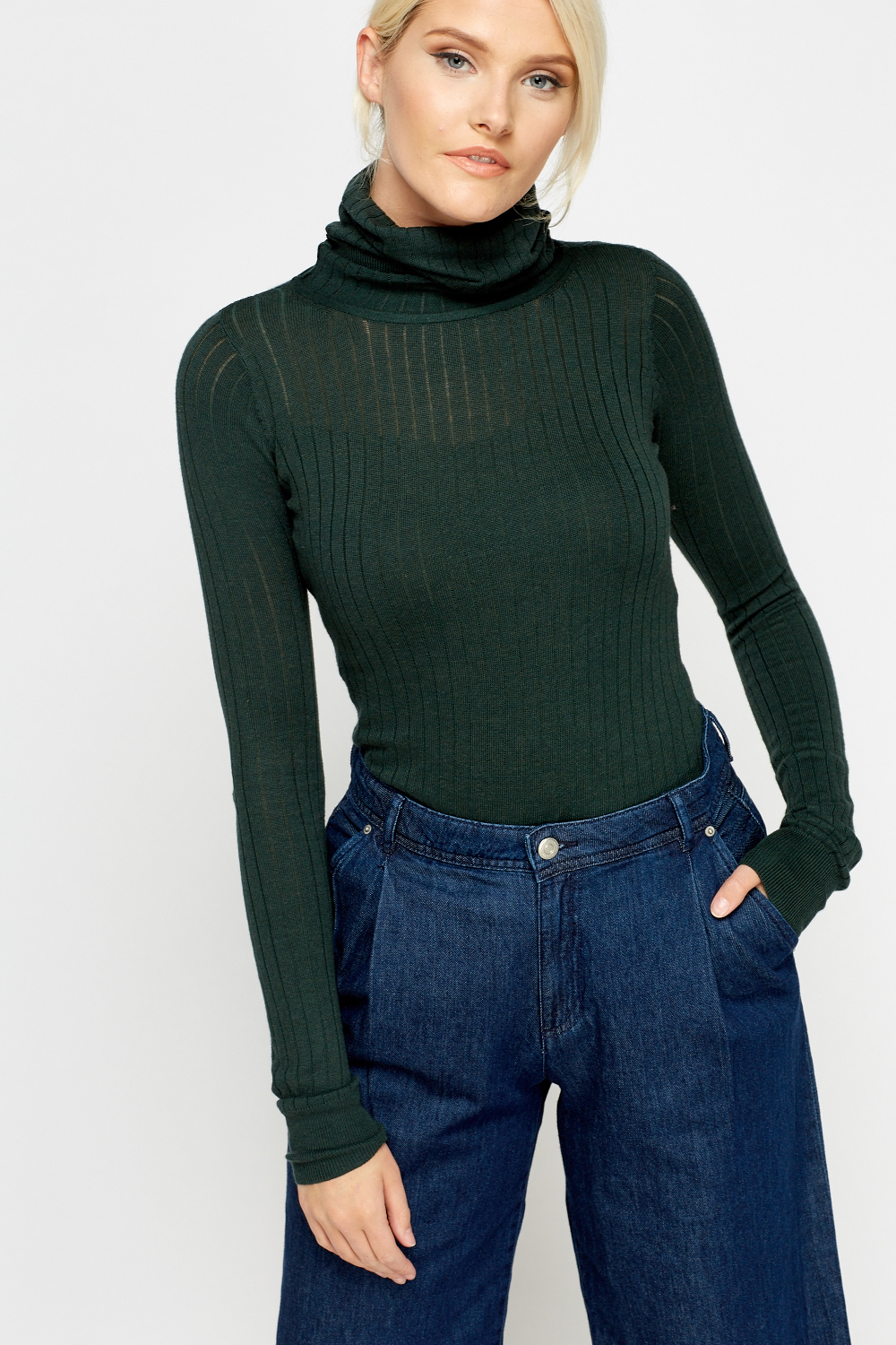 Green Ribbed Roll Neck Thin Jumper - Just $7