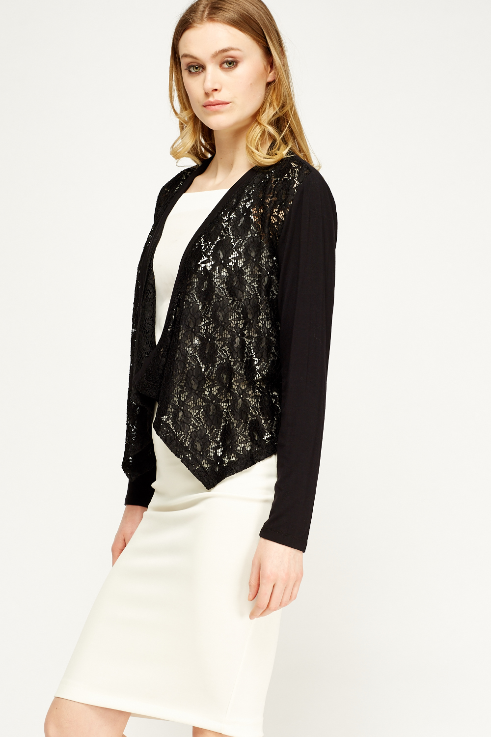 Lace Contrast Black Cropped Cardigan - Just $7