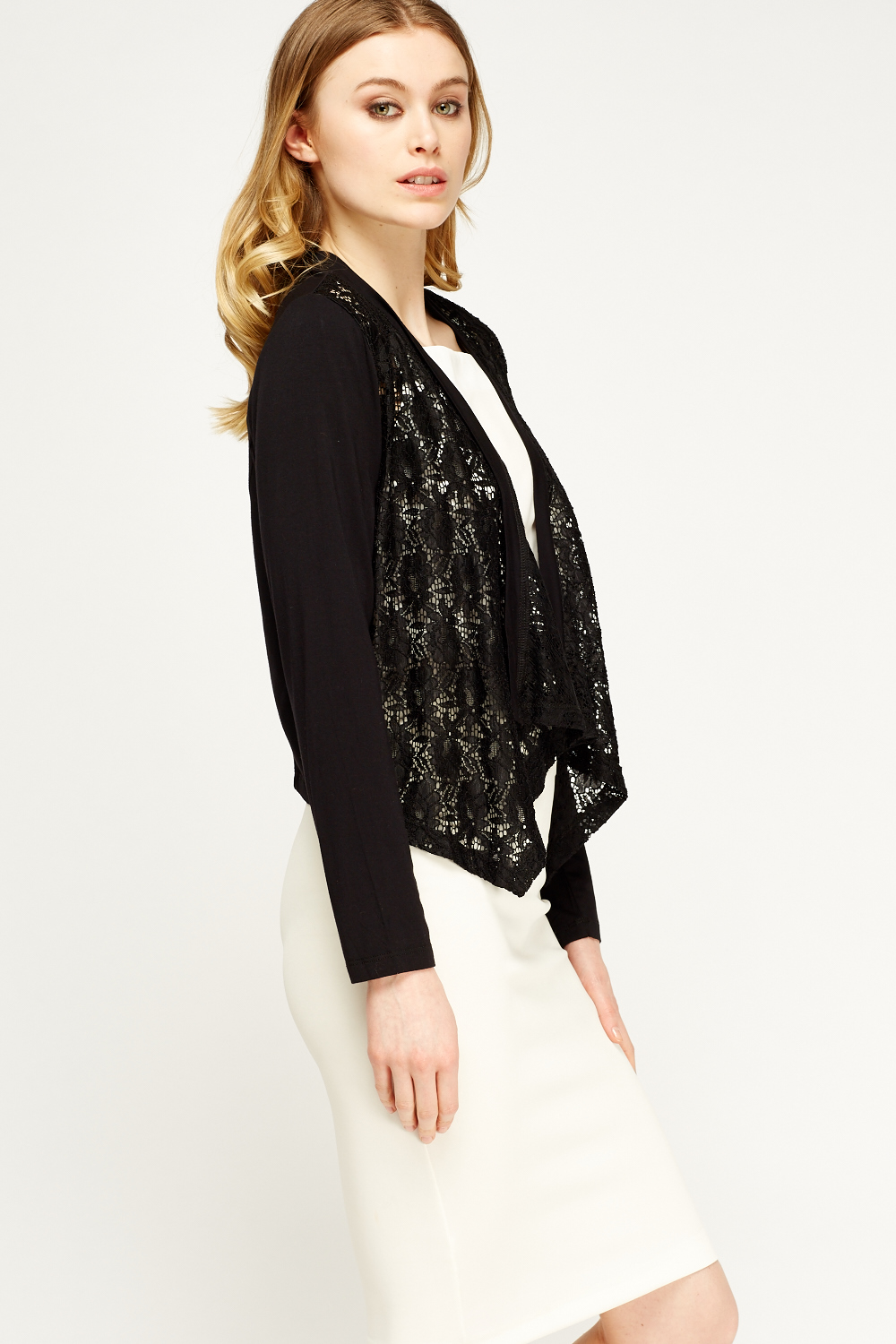 Lace Contrast Black Cropped Cardigan - Just $7