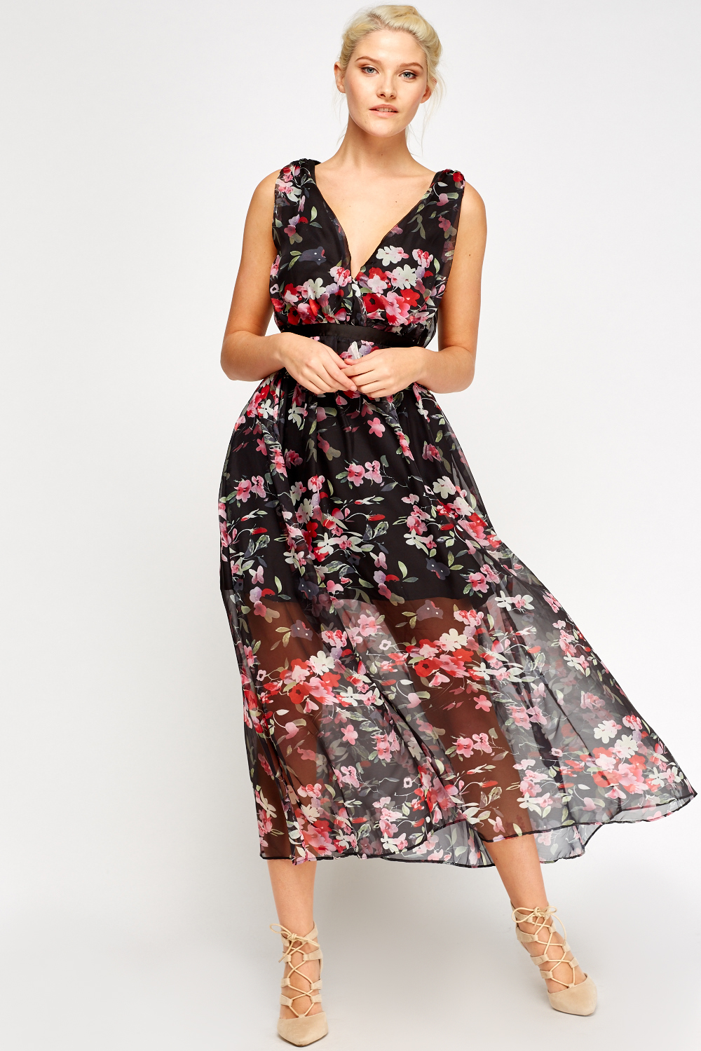 Mesh Overlay Floral Maxi Dress - Just $7
