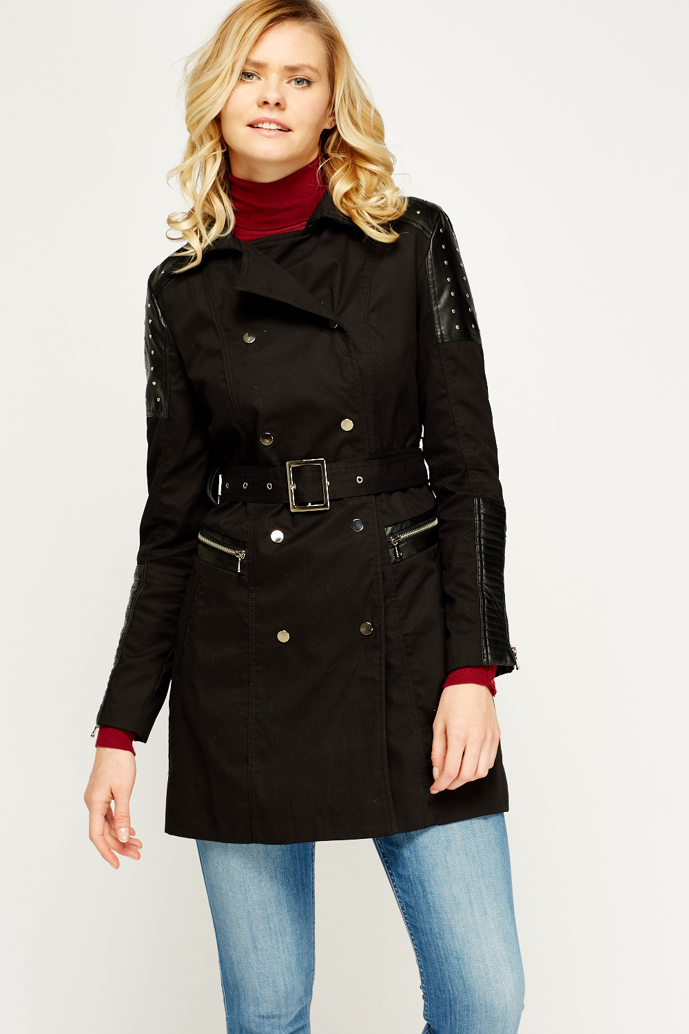 Studded Faux Leather Shoulder Trench Coat - Just $7