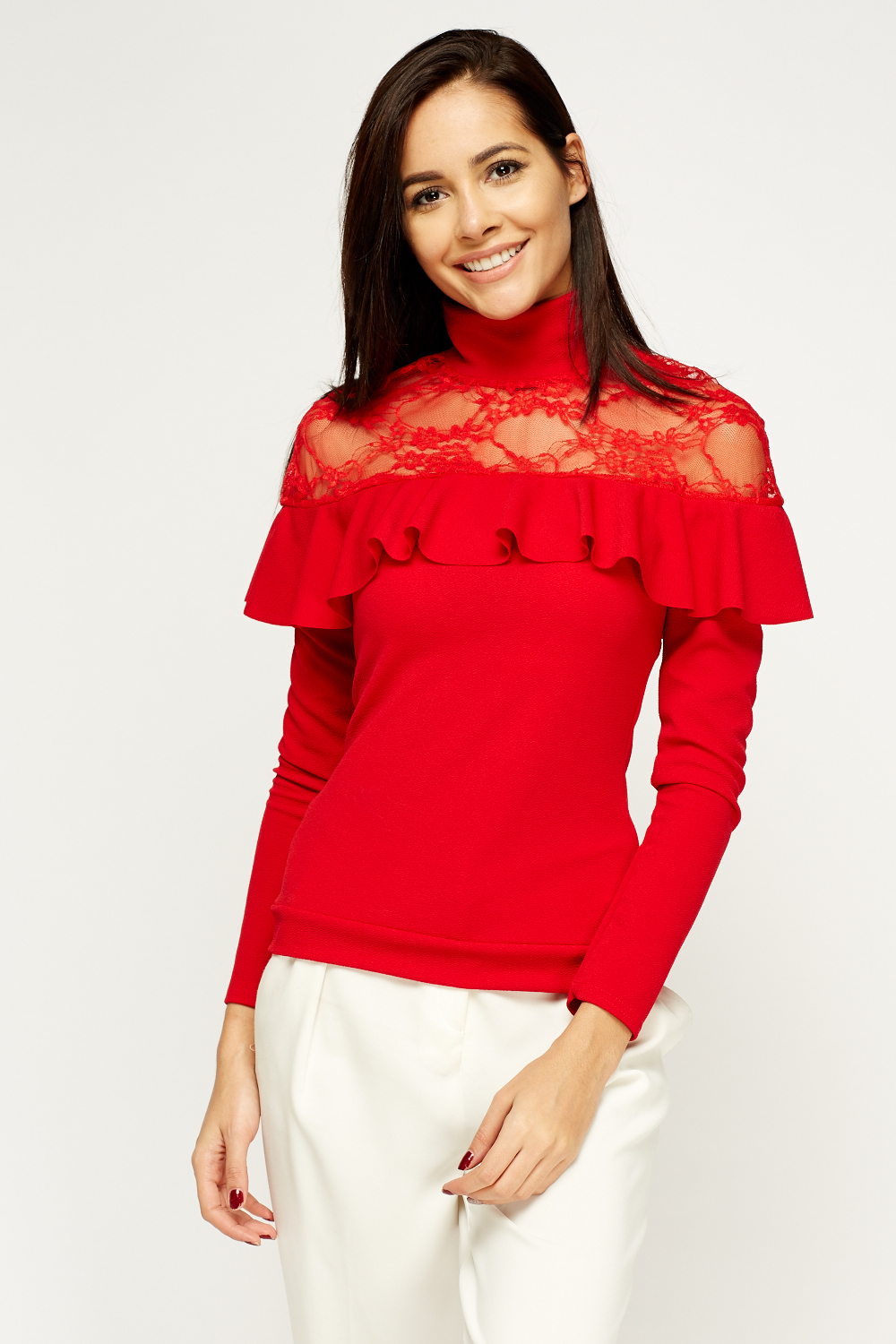 Insert Lace High Neck Frilled Top - Just $7