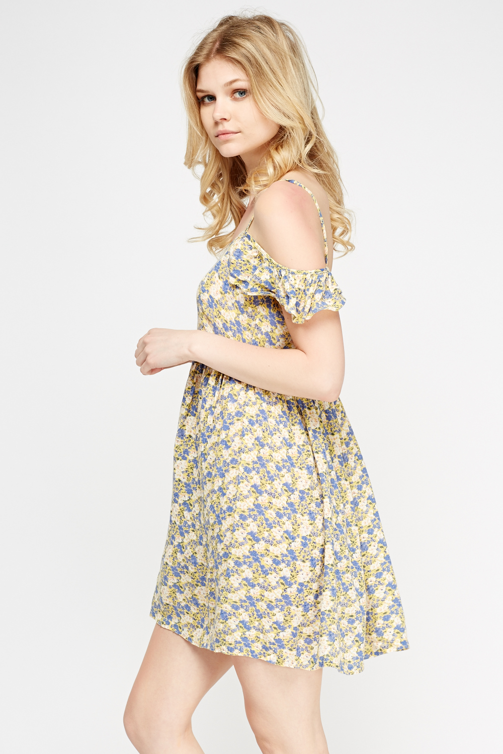 Cold Shoulder Yellow Printed Dress - Just $7