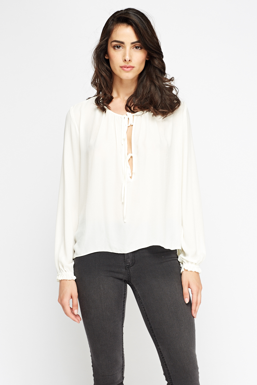 Tie Up Front Cream Blouse - Just $7