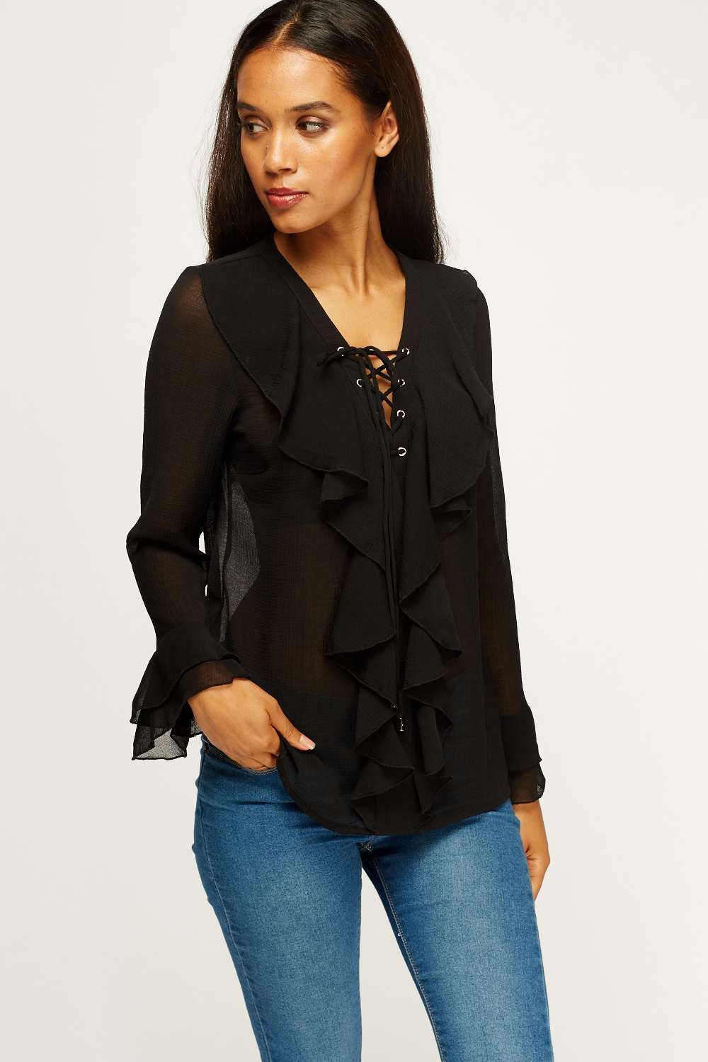 Tie Up Neck Frilled Blouse - Just $7