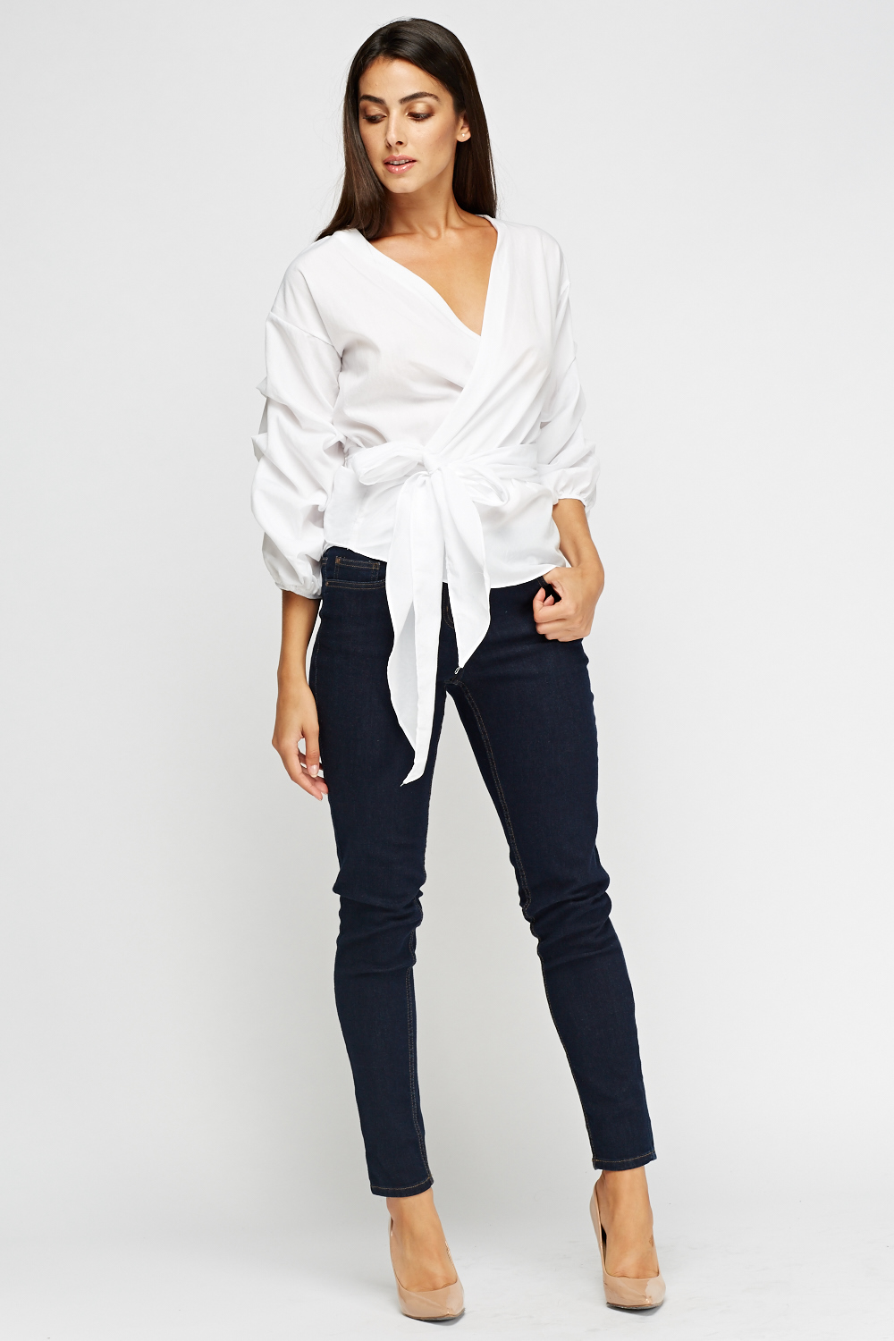Aikha Ruched Sleeves White Top - Limited edition | Discount Designer Stock