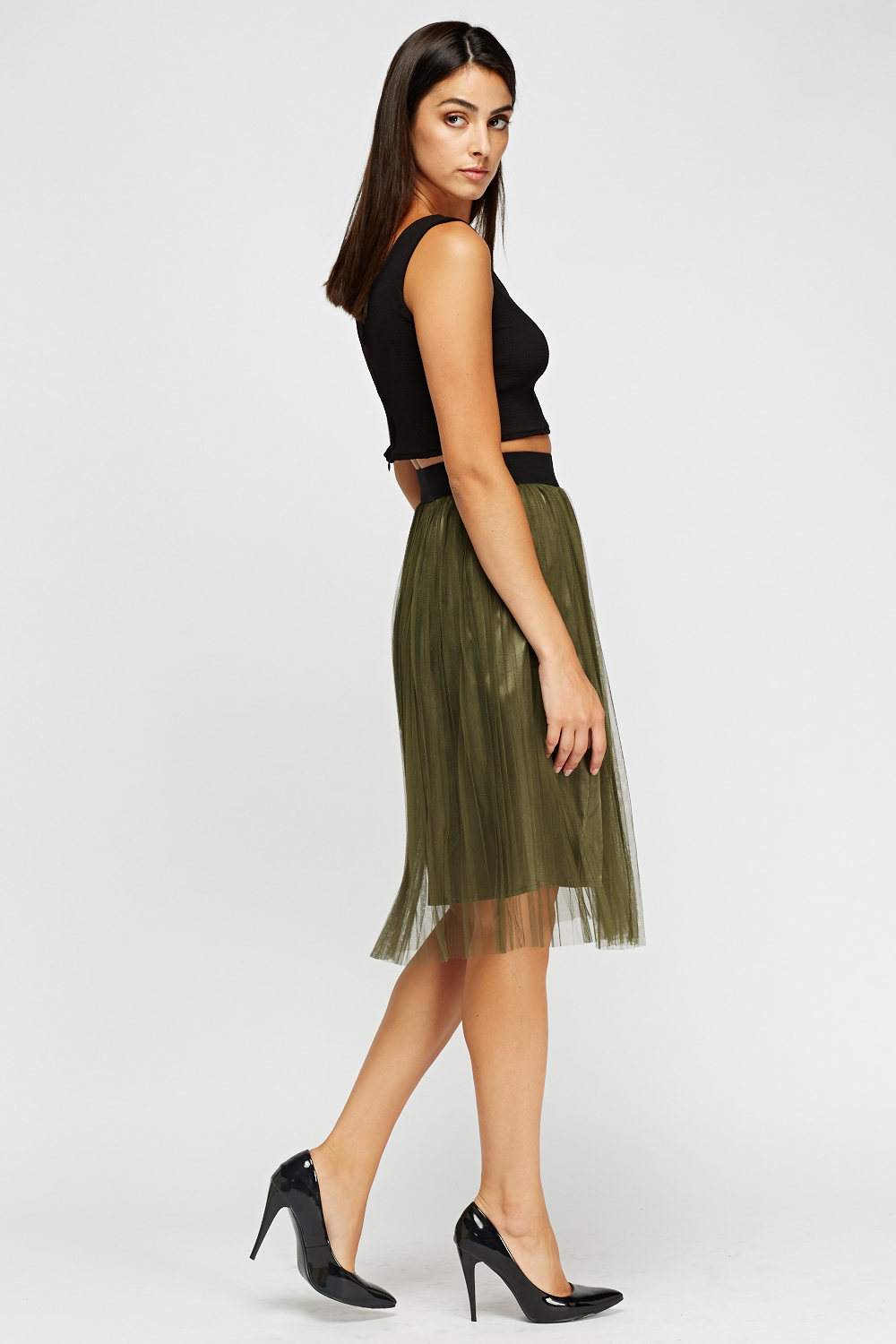 Pleated Mesh Overlay Midi Skirt - Just $7
