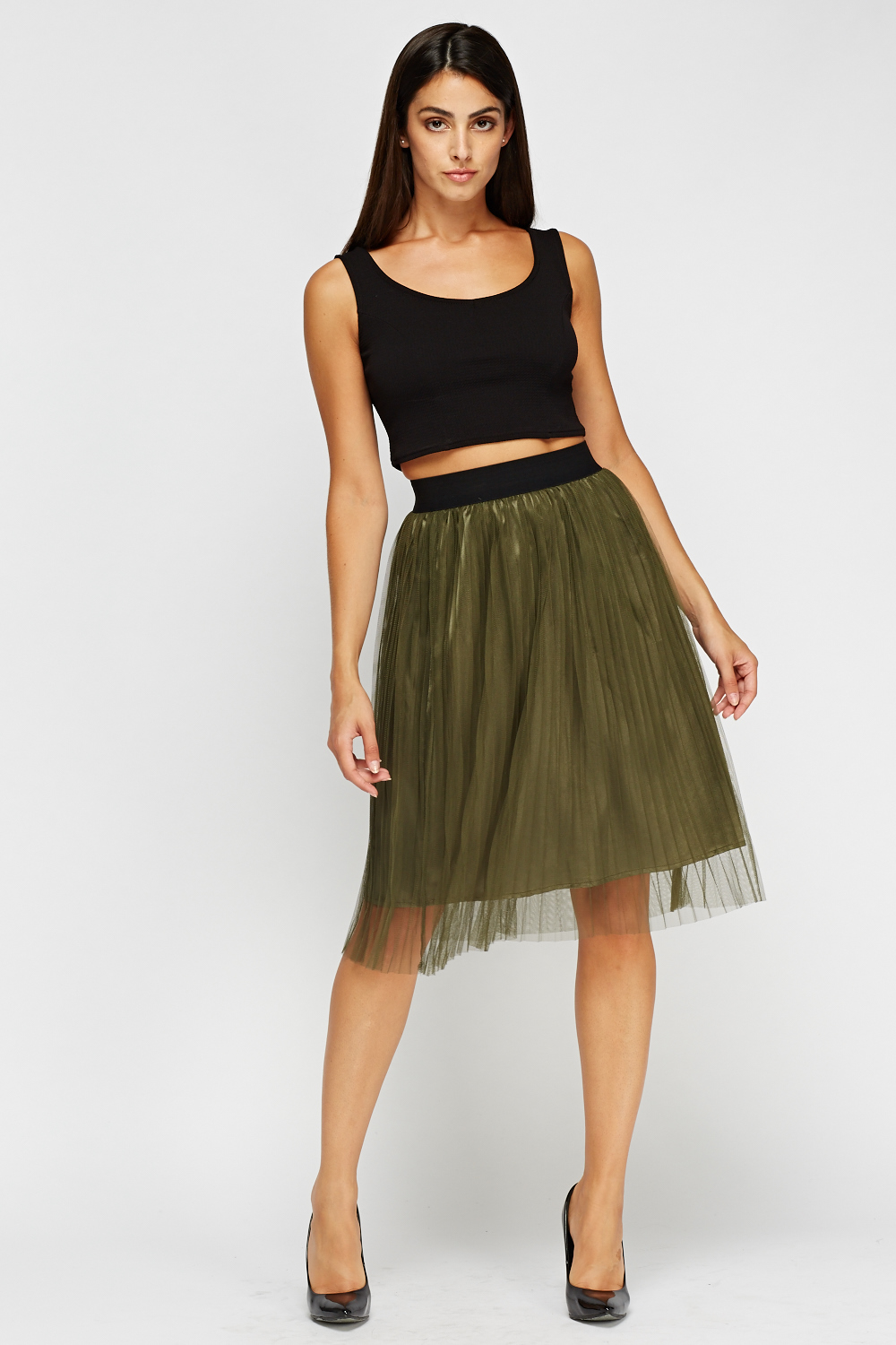 Pleated Mesh Overlay Midi Skirt - Just $7