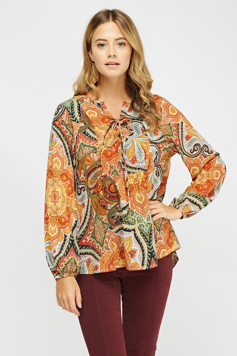 Lace Up Paisley Print Top - Just $7