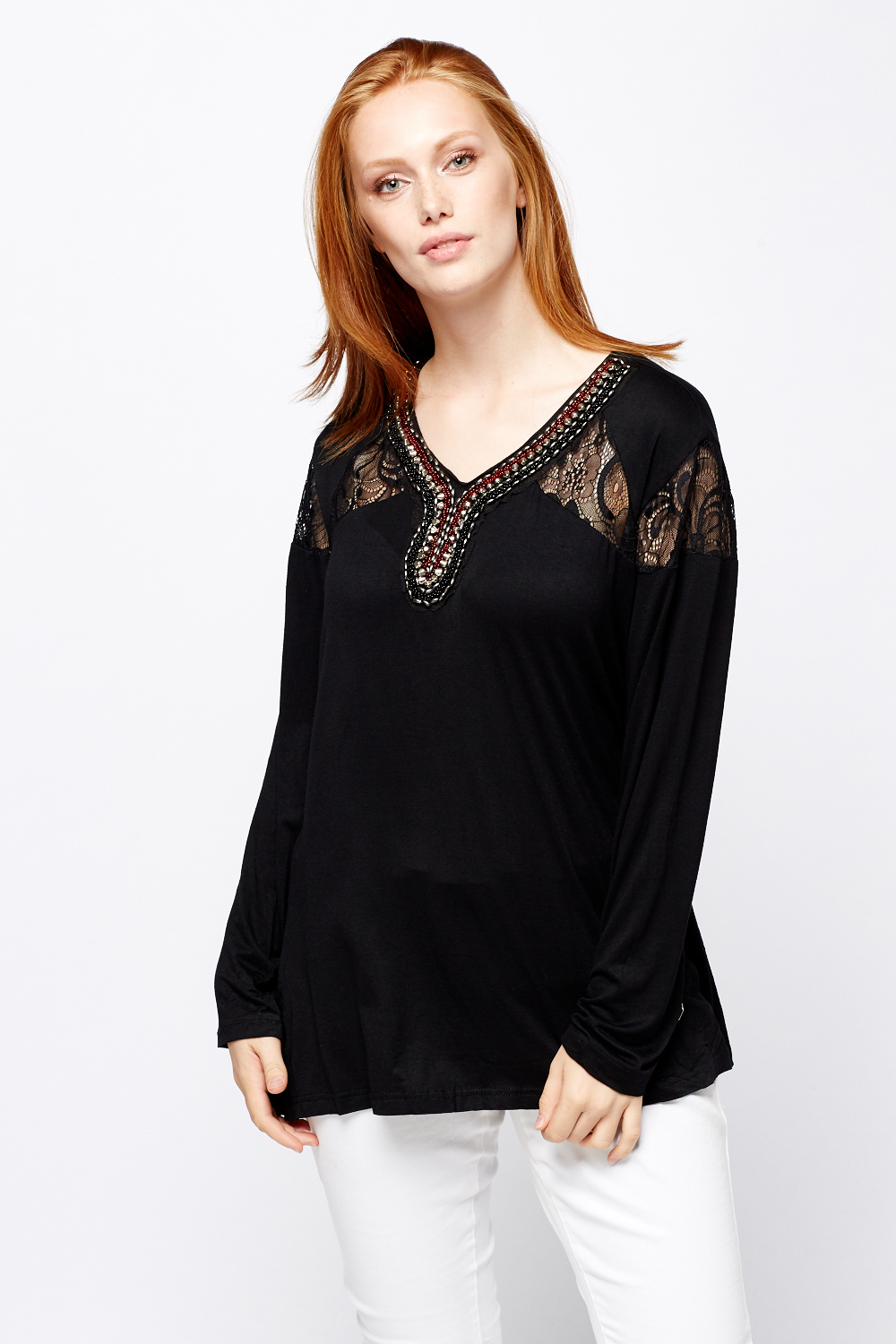 Lace Insert Beaded Neck Top - Just $7