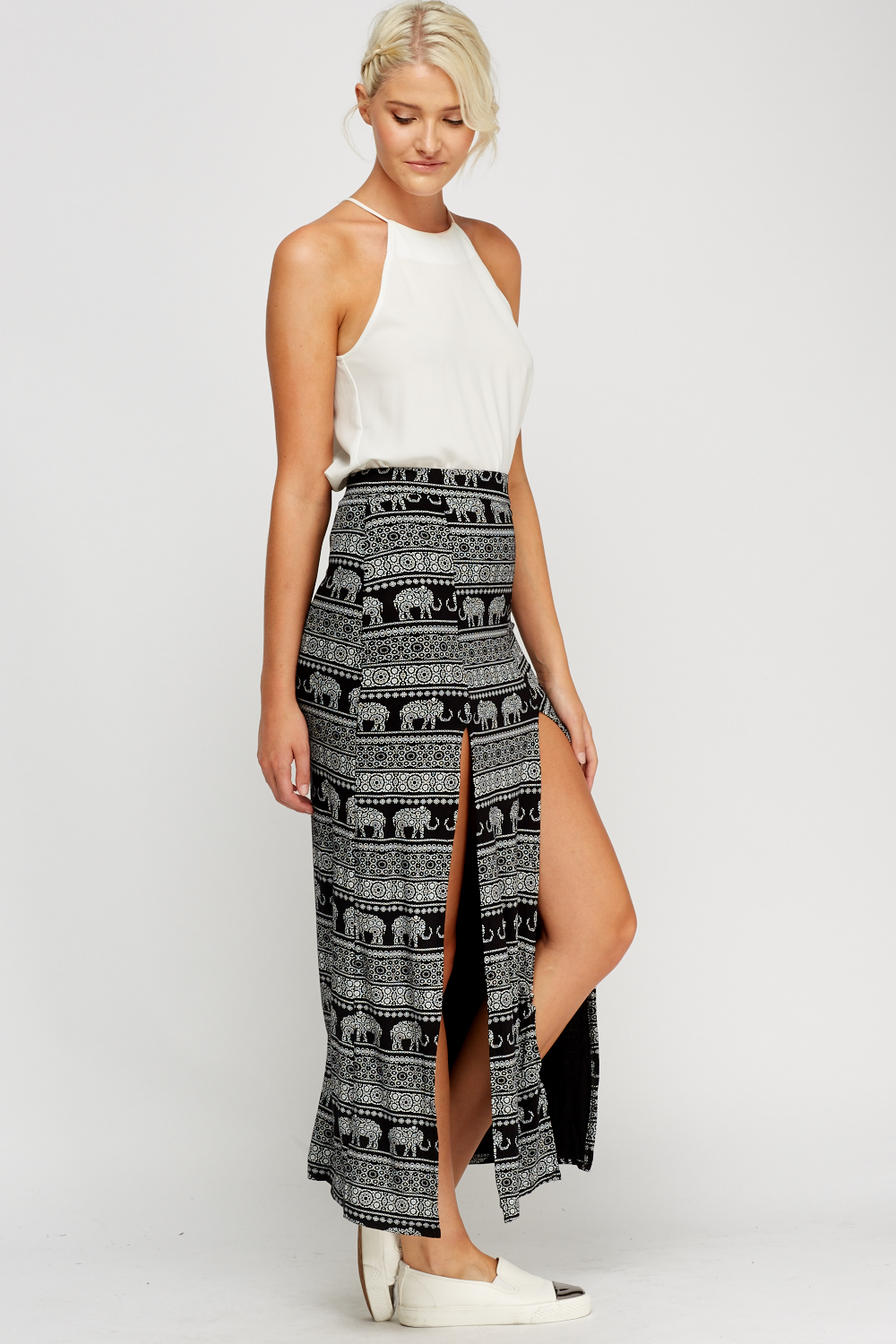 Front Slit Printed Maxi Skirt - Just $7