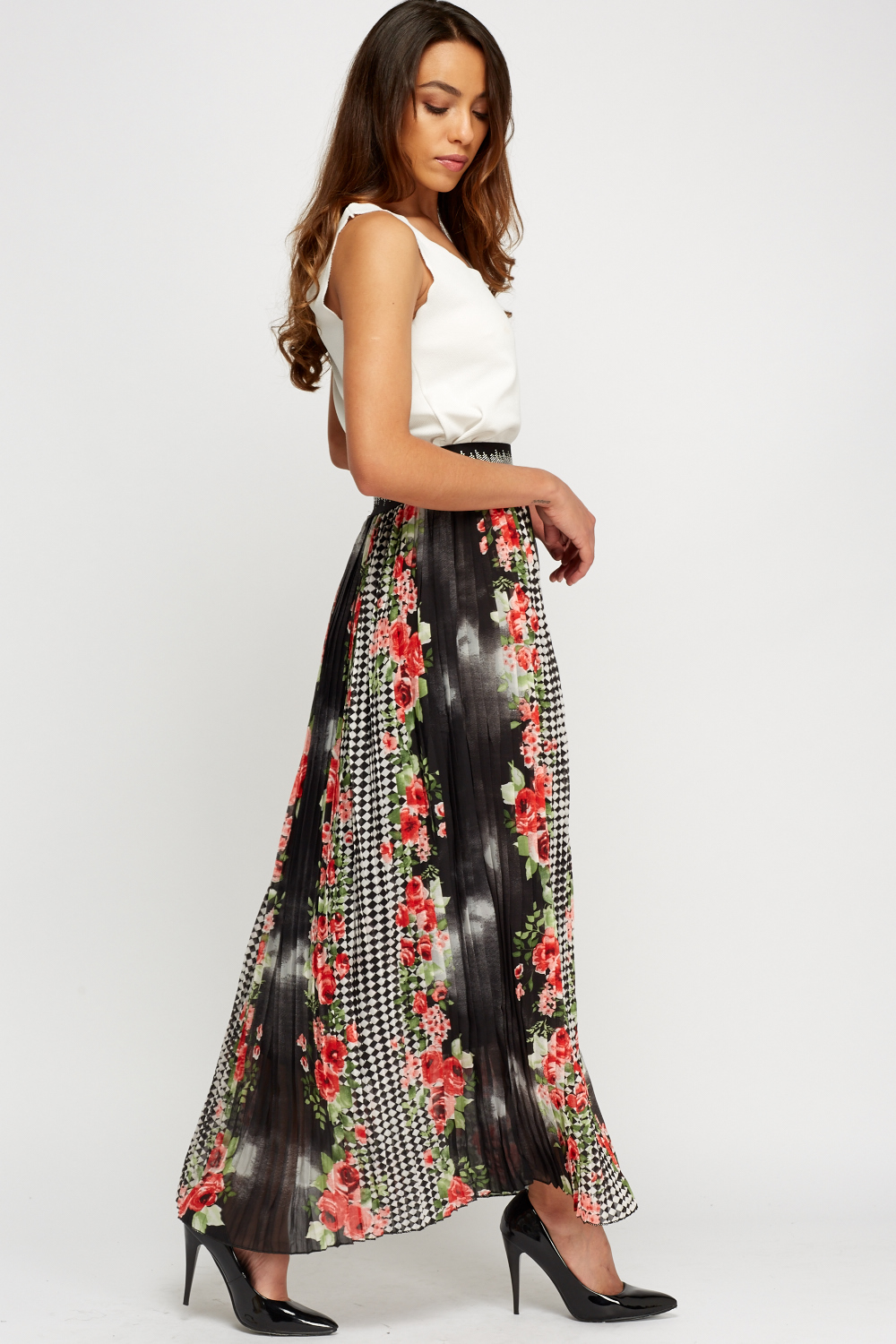 Floral Print Pleated Maxi Skirt - Just $7