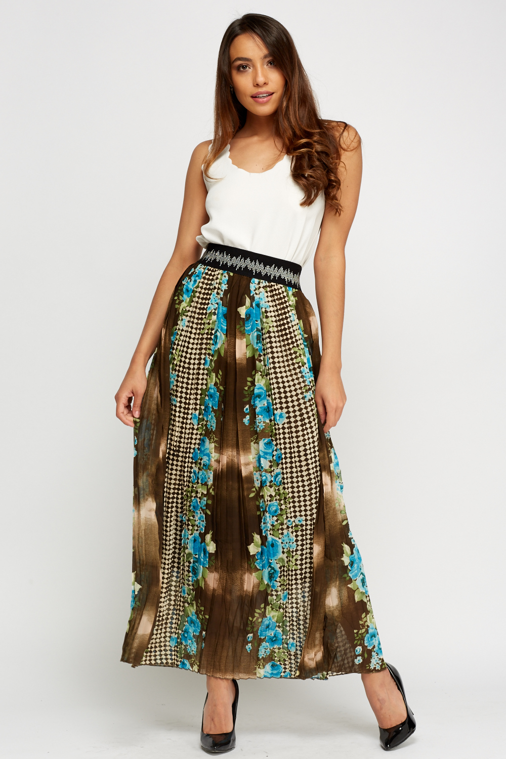 Floral Print Pleated Maxi Skirt - Just $7