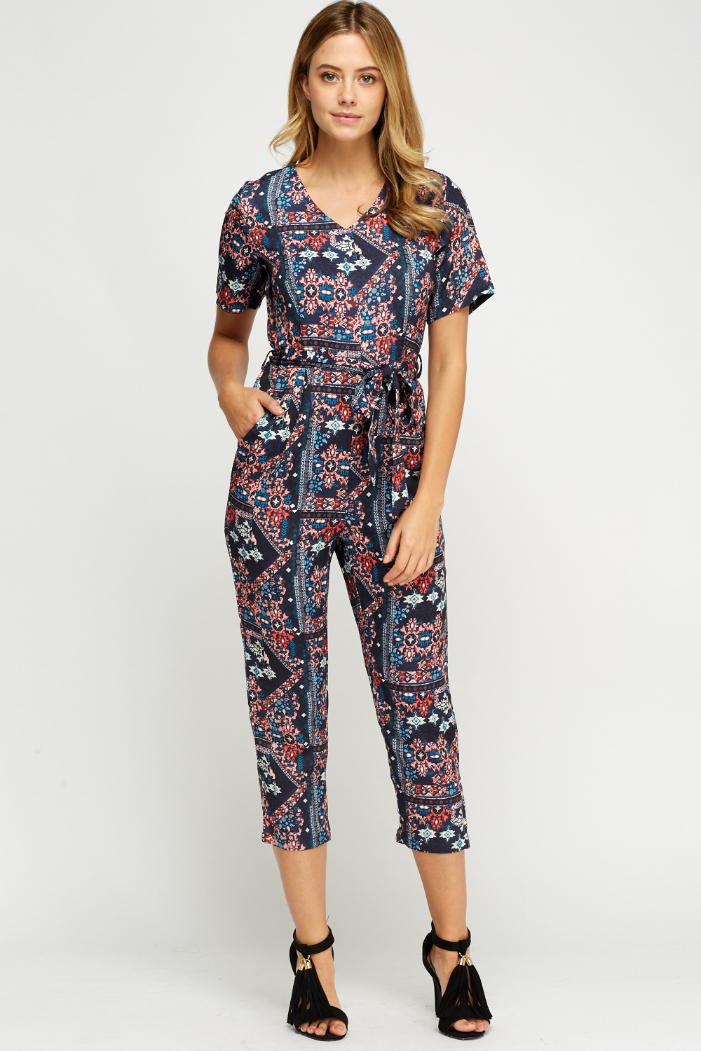 Multi Printed Cropped Jumpsuit - Just $6
