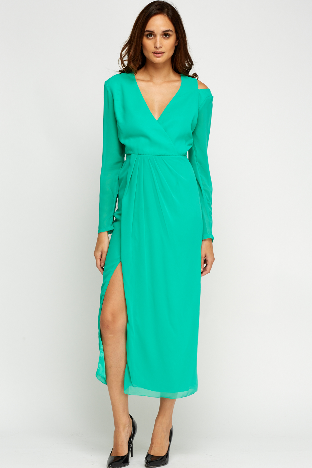 Sheer Wrap Green Slit Front Maxi Dress - Just $7