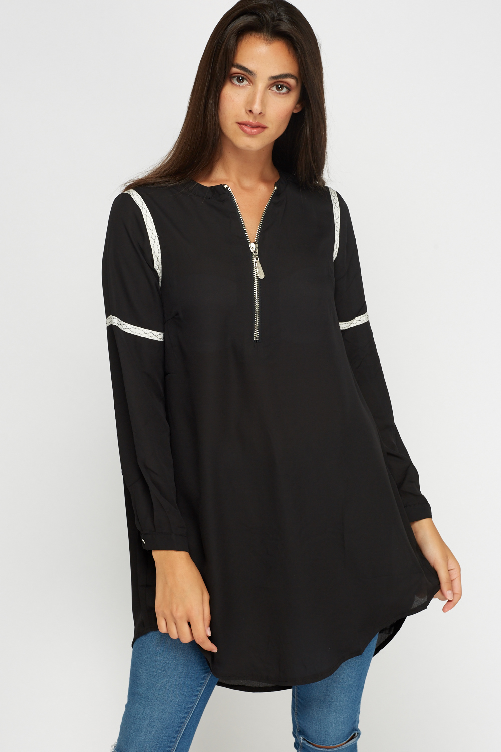Embroidered Zip Front Tunic Top - Black - Just £5