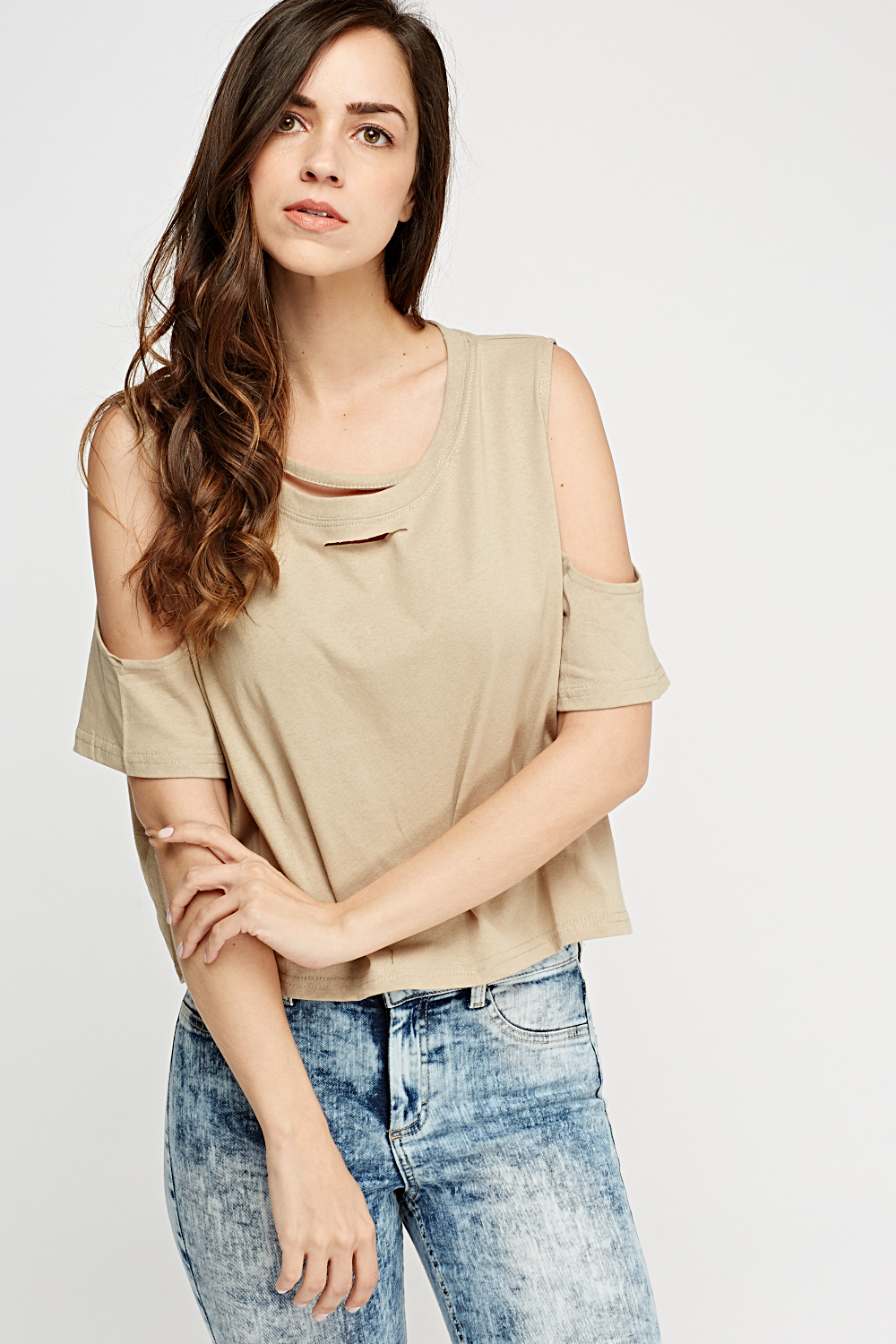Distressed Front Cut Out Shoulder Top - Just $3