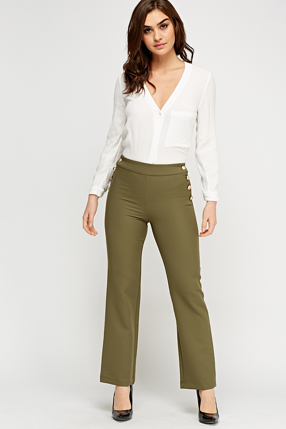 Button Side Straight Leg Trousers - Just $7