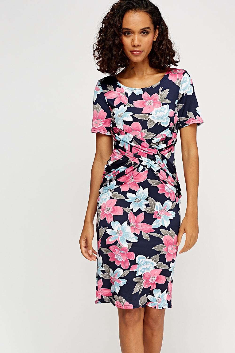 Ruched Floral Short Sleeve Dress - Just $6