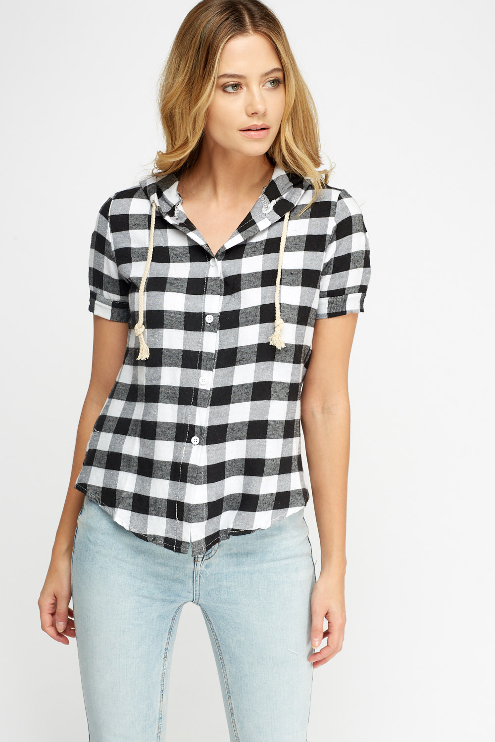 Short Sleeve Checked Hooded Shirt - Just $6