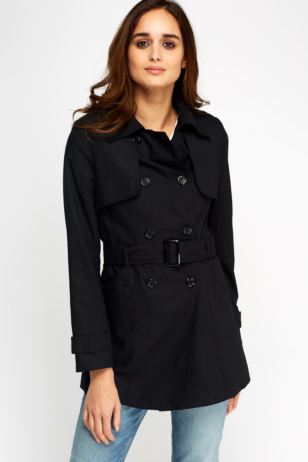 Double Breasted Belted Trench Classic Coat - Just $7