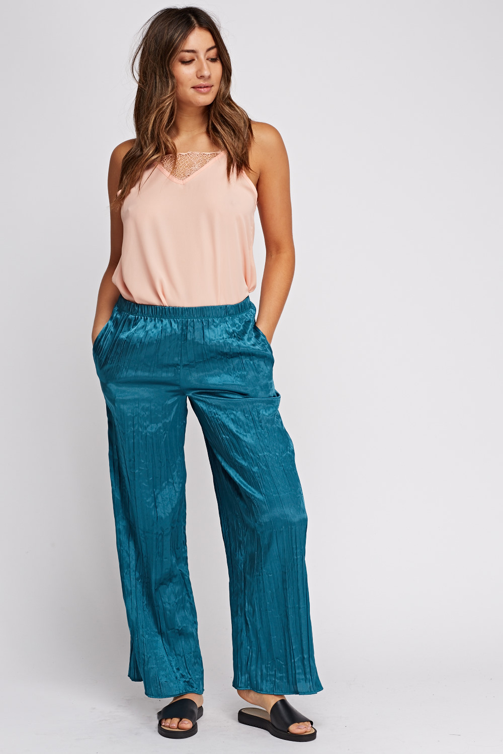 Pleated Wide Leg Cropped Trousers - Just $2