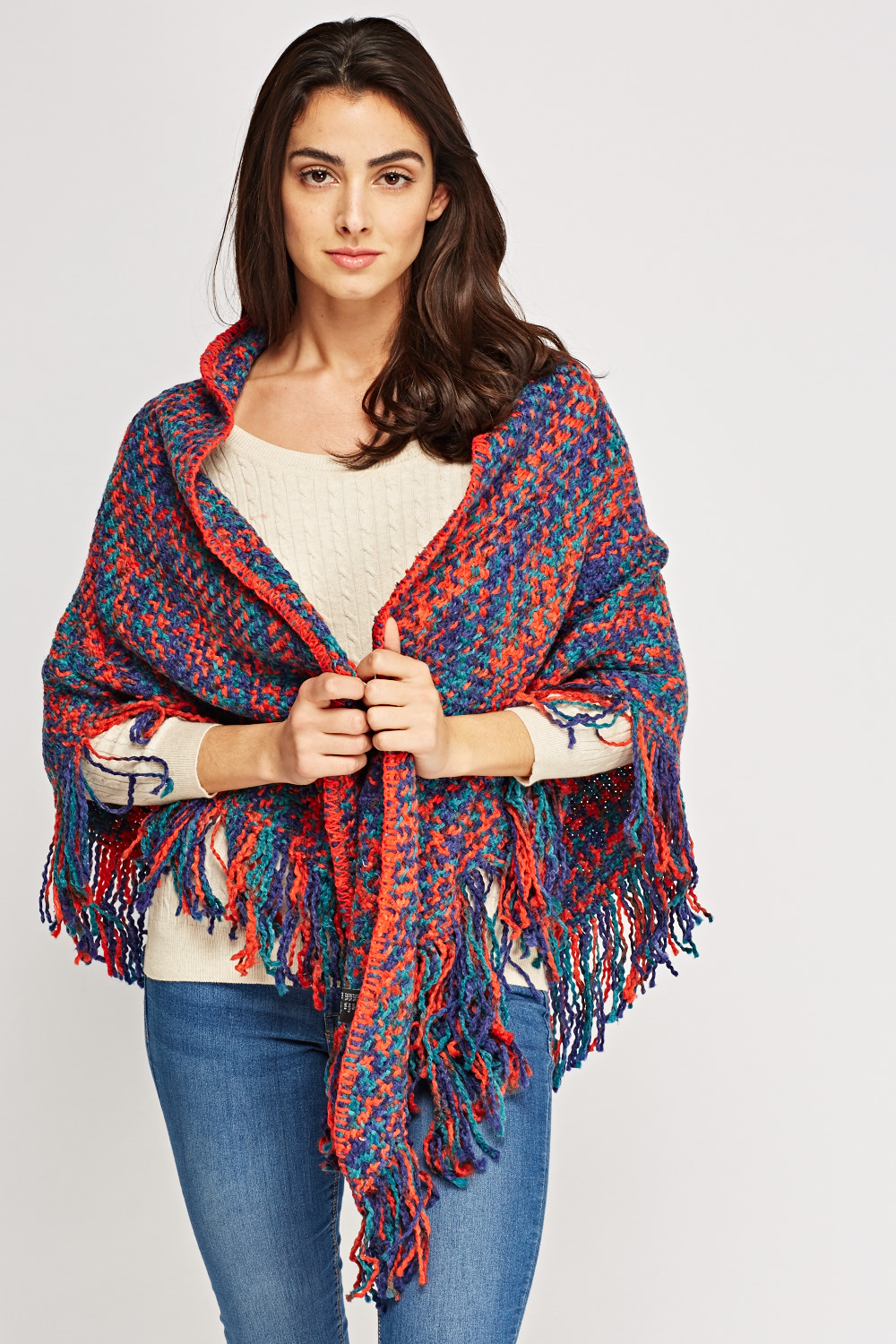 Fringed Woven Open Poncho - Just $7