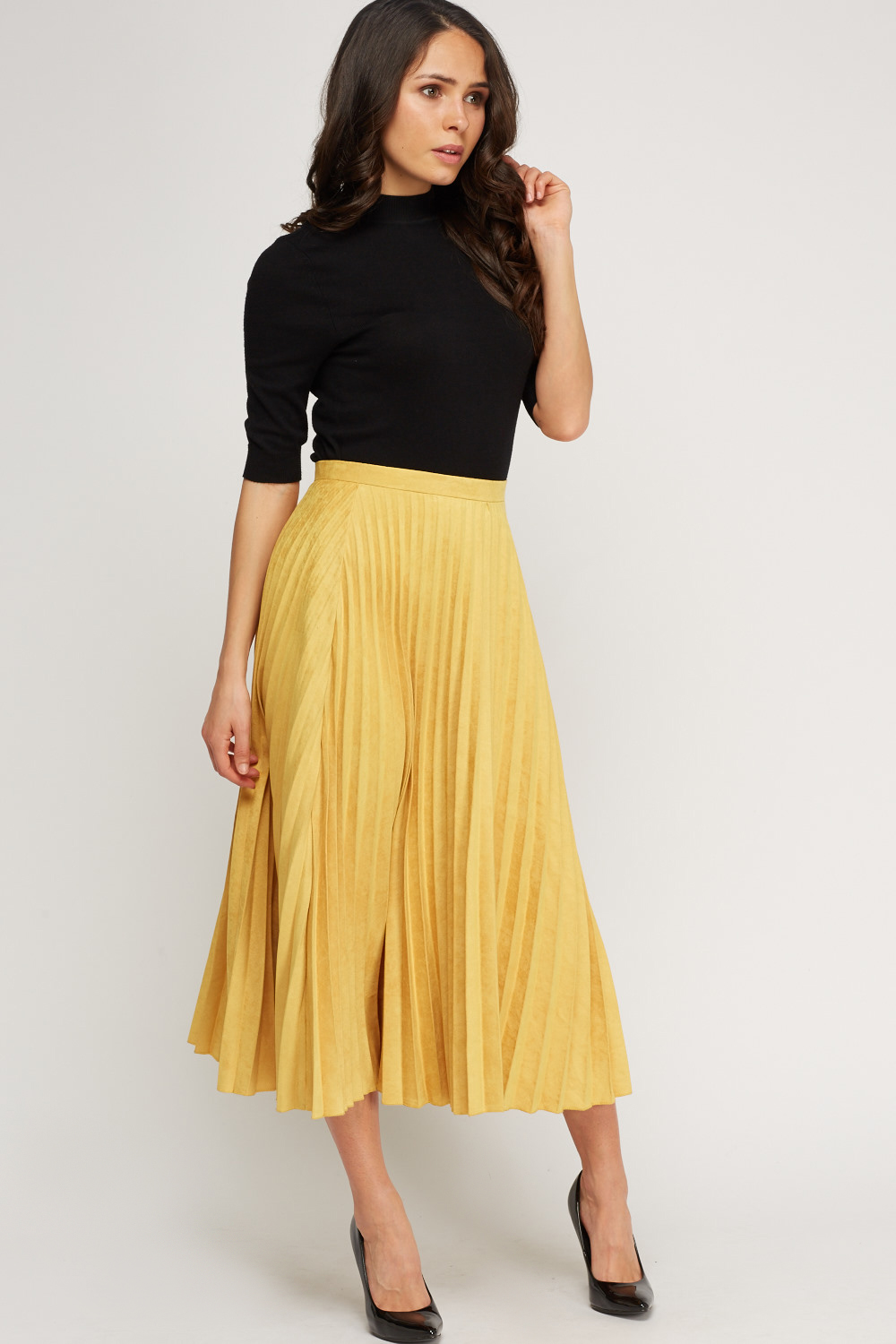 Pleated High Waist Suedette Midi Skirt - Just $6
