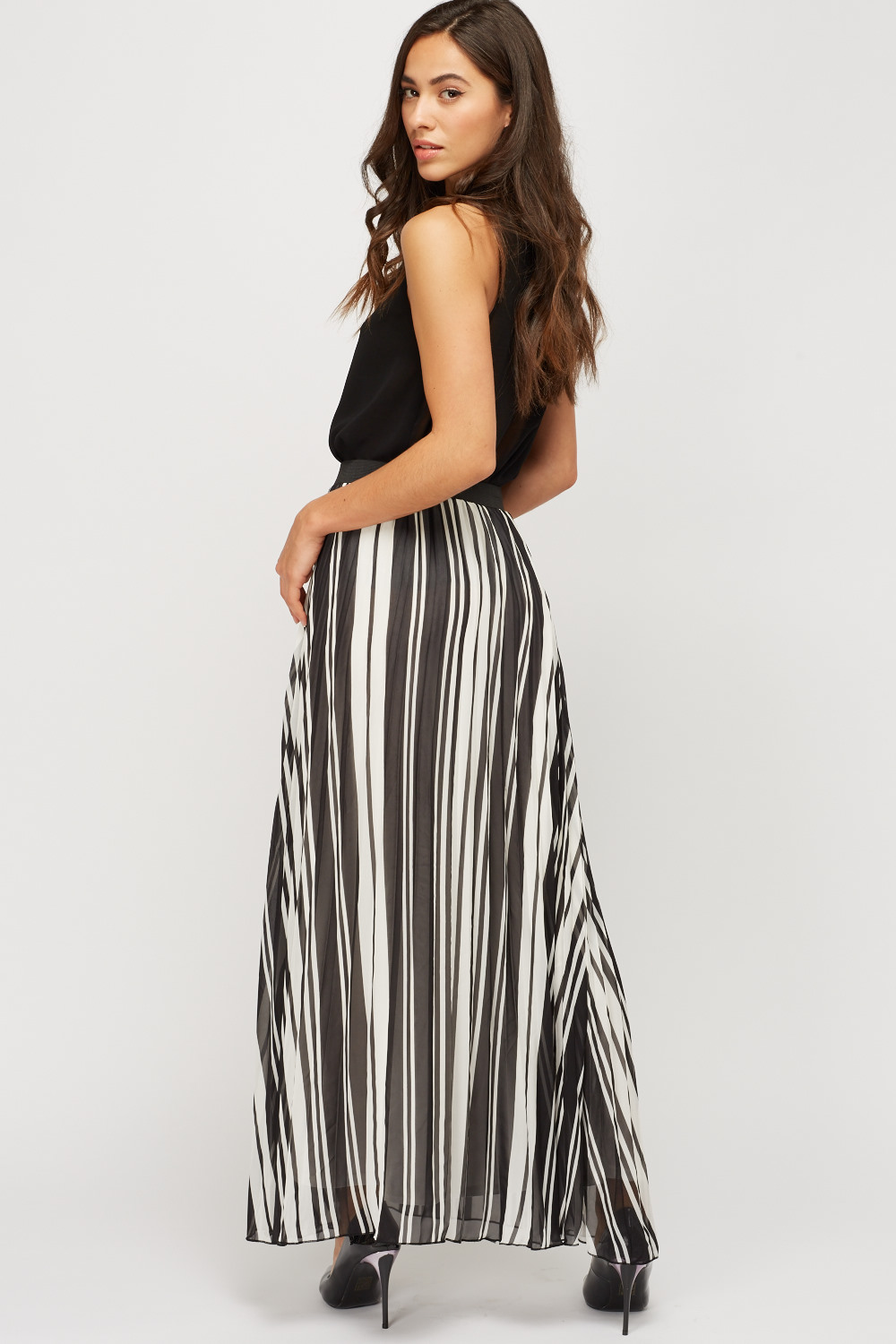 Pleated Striped Maxi Skirt - Just $7