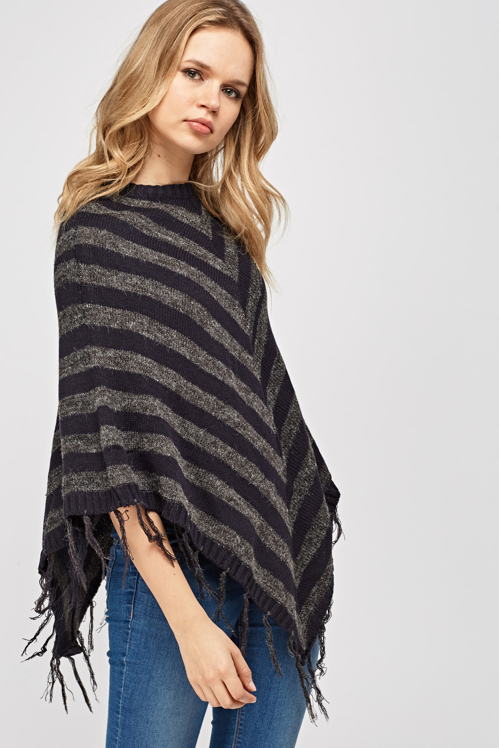 Fringed Striped Poncho - Just $6