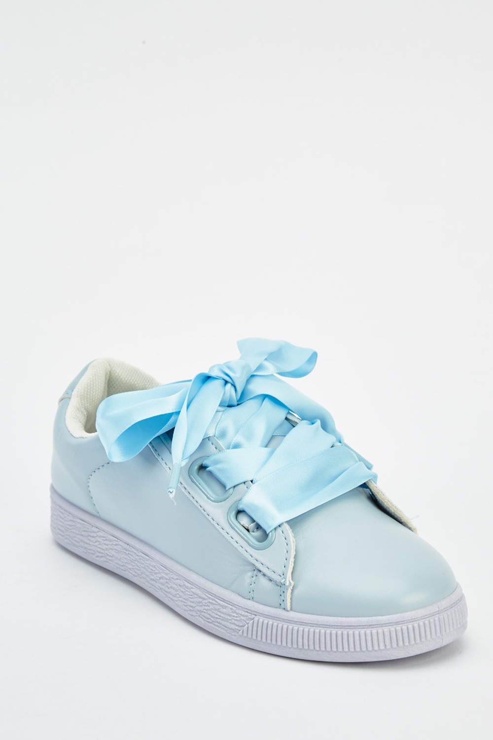 Ribbon Lace Up Faux Leather Trainers - Blue - Just £5