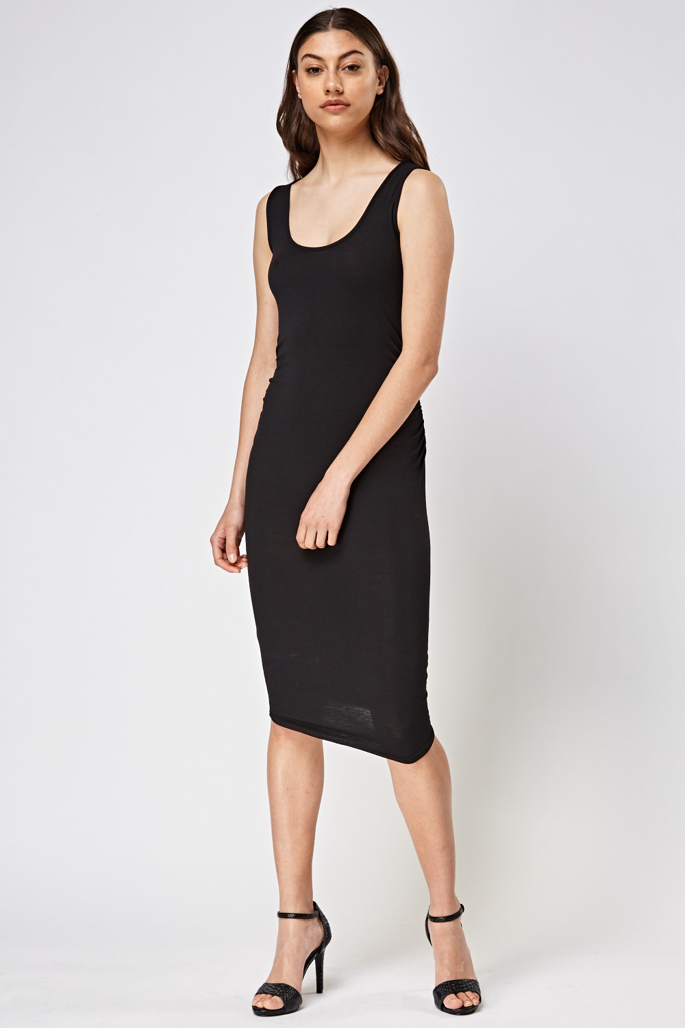 black ruched side fitted shirt dress