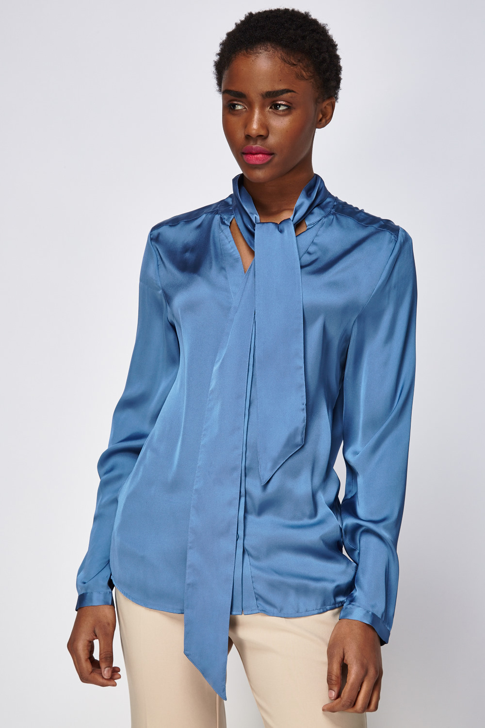 Tie Up Neck Silky Shirt - Just $7