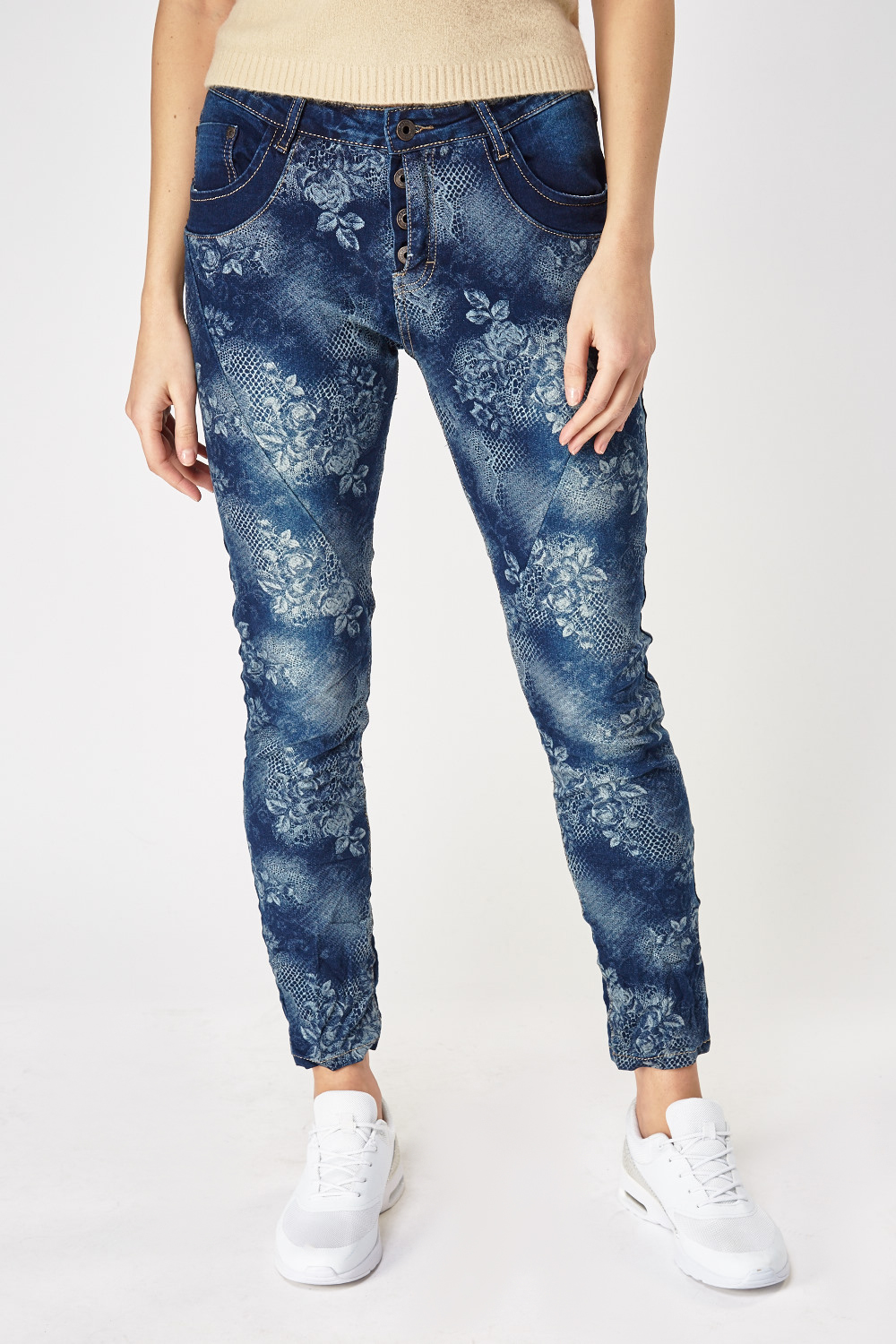 Floral Crinkled Blue Denim Jeans - Just $3