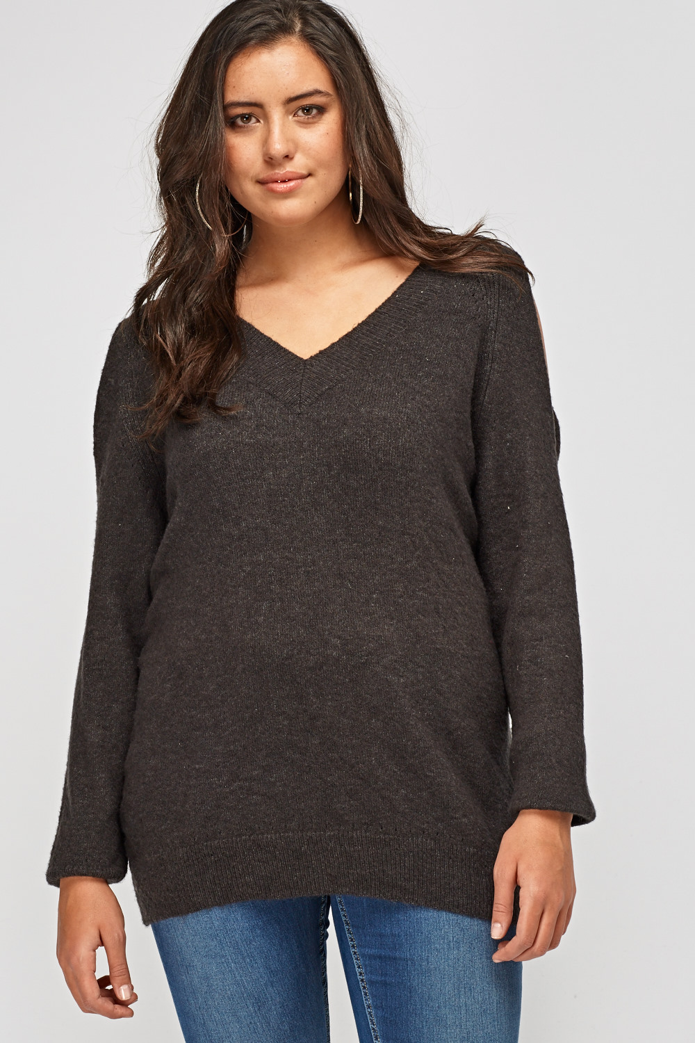 Cut Out Shoulder Knitted Casual Jumper - Just $7