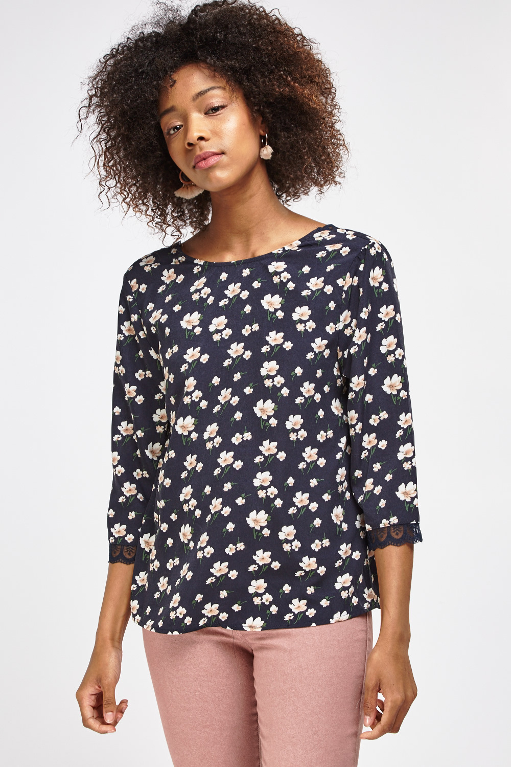 Lace Trim Floral Printed Blouse - Just $2