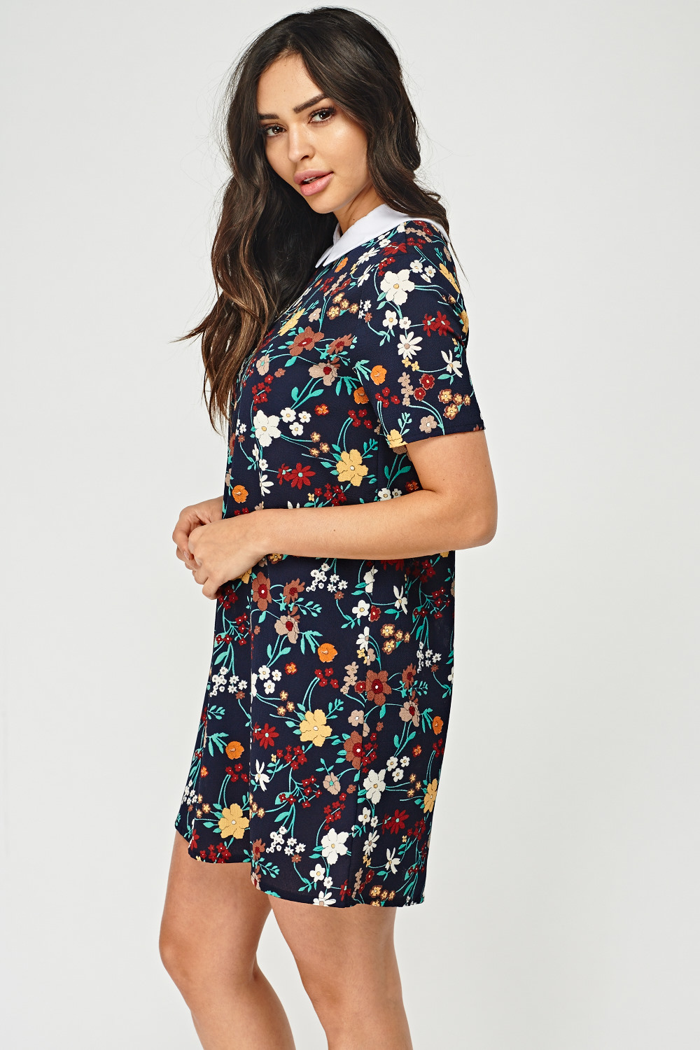 Contrast Collar Printed Shift Dress - Just $7