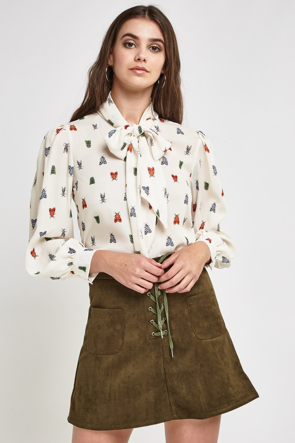 Butterfly Print Tie-Up Neck Blouse - Just $7