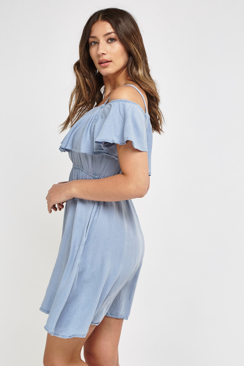 Twin Straps With Ruffle Overlay Off Shoulder Dress - Just $7