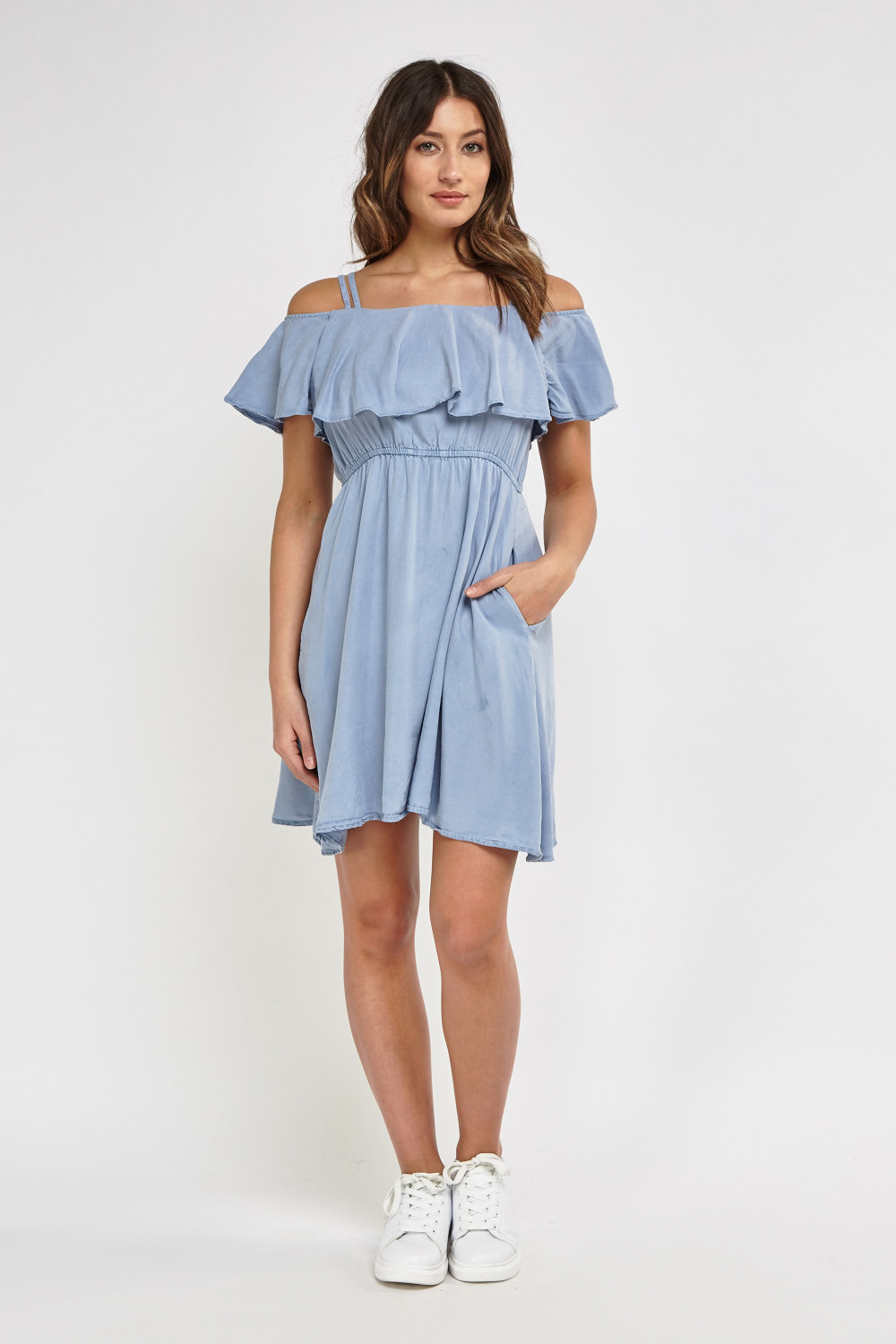 Twin Straps With Ruffle Overlay Off Shoulder Dress - Just $5