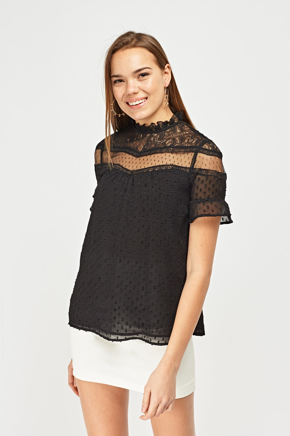Lace Net Overlay Sheer Top - Just $7