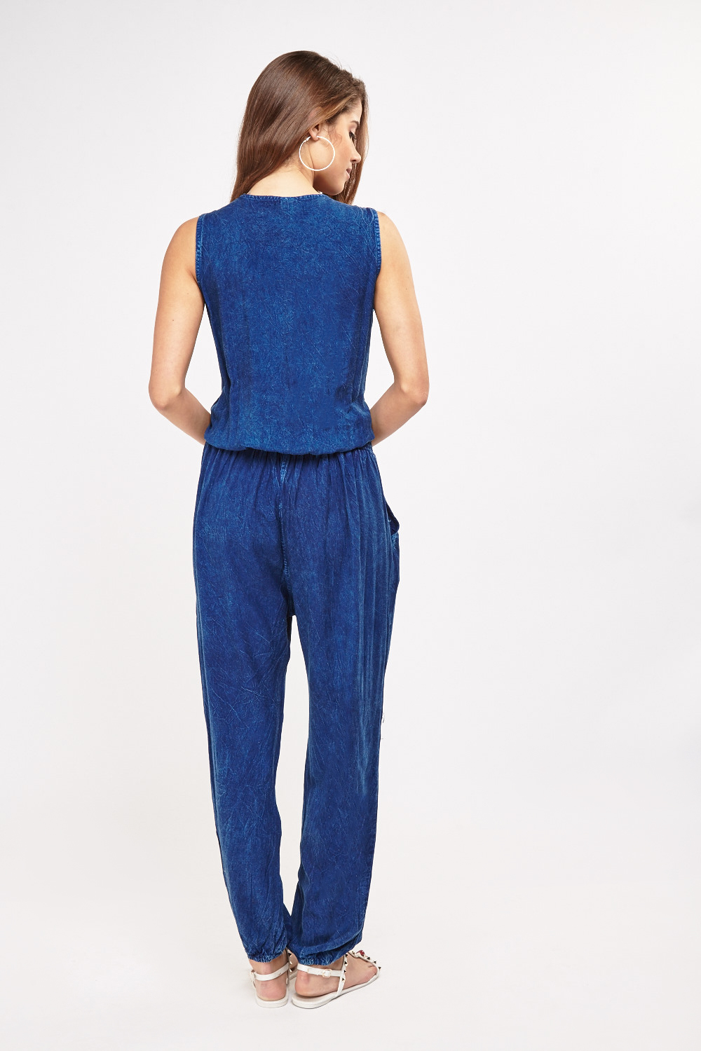 Sleeveless Washed Dark Blue Jumpsuit - Just $7