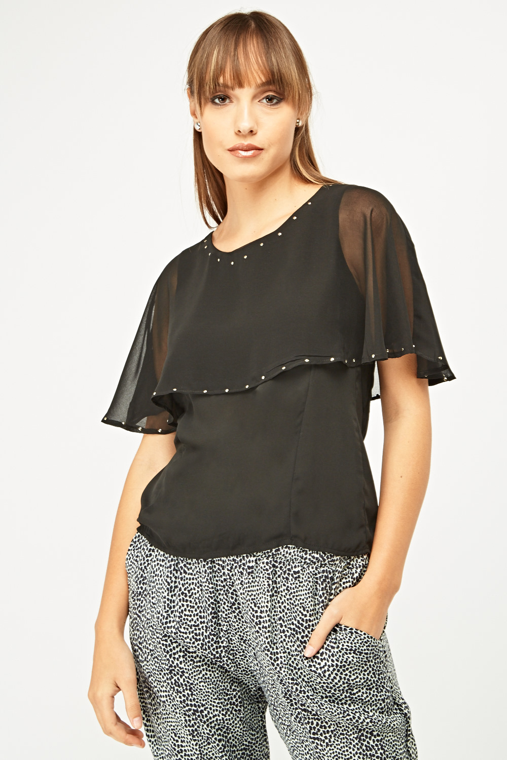 Studded Trim Flare Sheer Top - Just $2