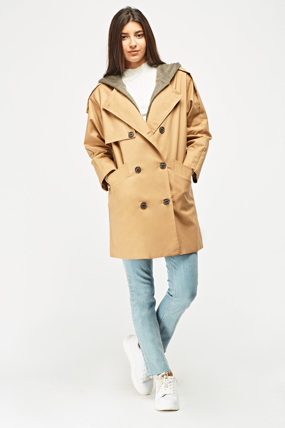 Contrast Hooded Trench Coat - Just $6